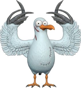 A stitched-up seagull with its wings spread