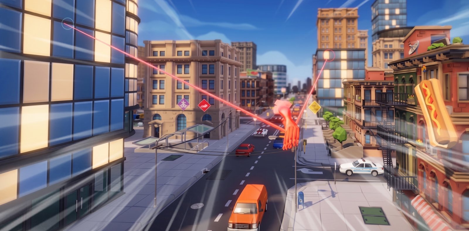The squid's grapple line stretched taut across a sunny avenue