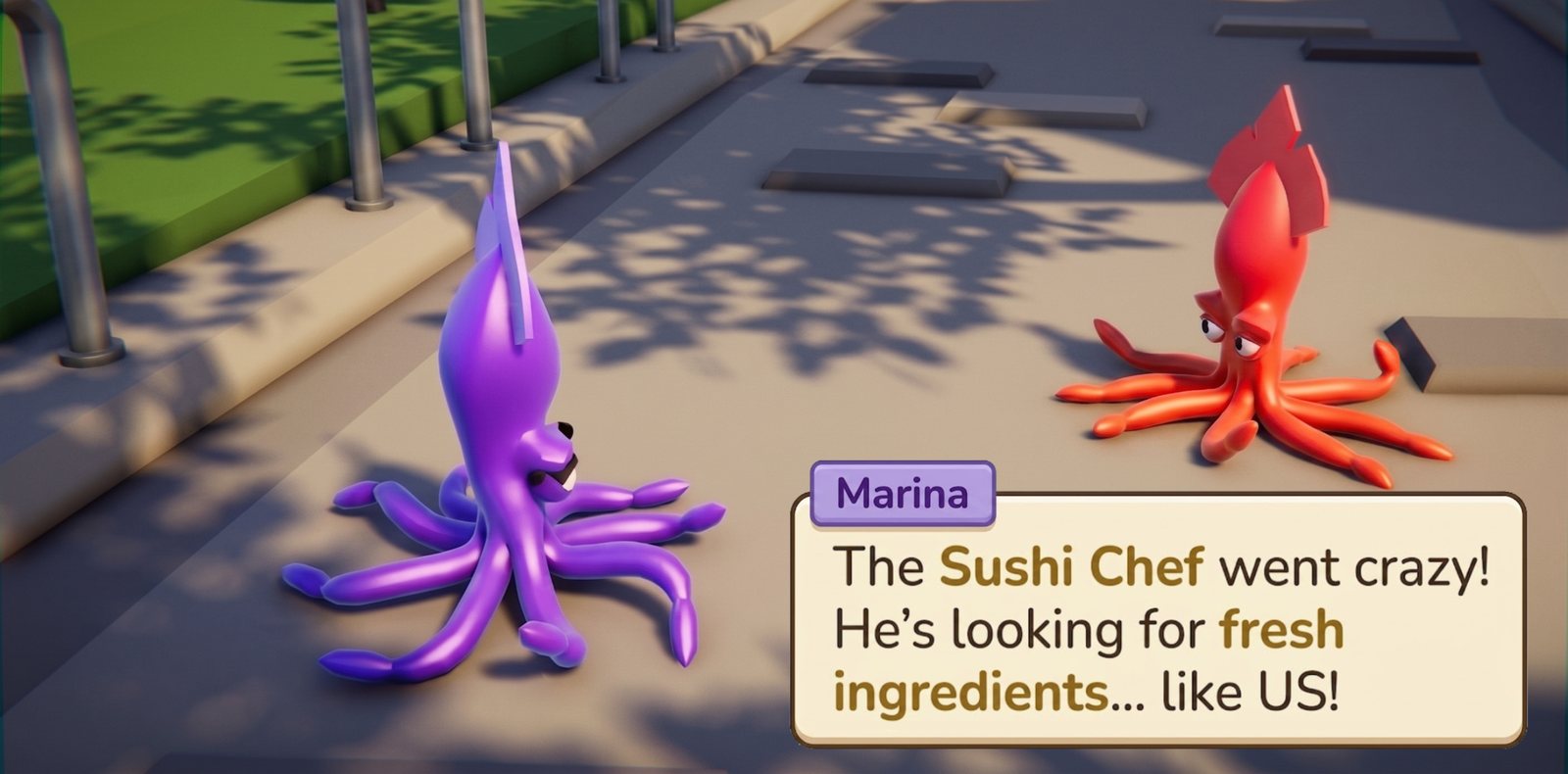 Marina the purple squid warns the hero about the sushi chef